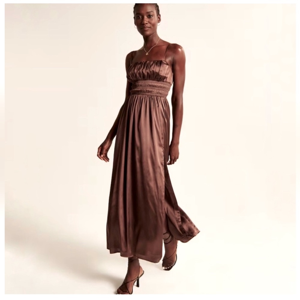 A&F Smocked Bodice Brown Satin Maxi Dress